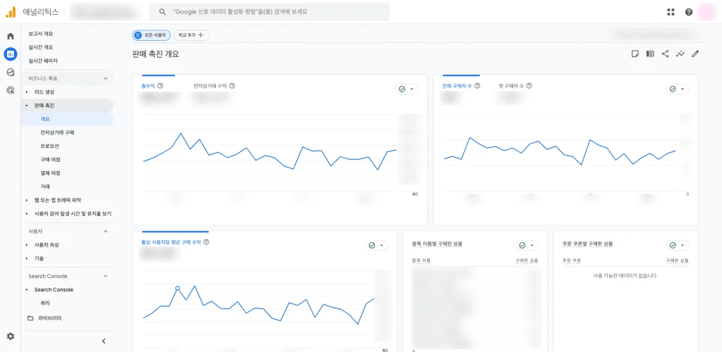 GA4 판매 촉진 보고서 메뉴 예시